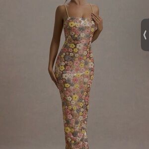 Club L London Strapless Floral Sequin Evening Dress in Pink, Yellow, Cream